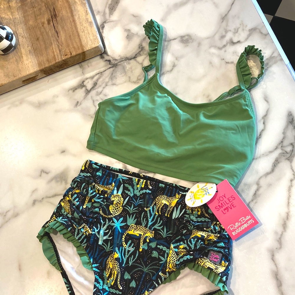 NWT Ruffle Butts Swimsuit Safari Rainforest Flutter High Waist Bikini; size 16